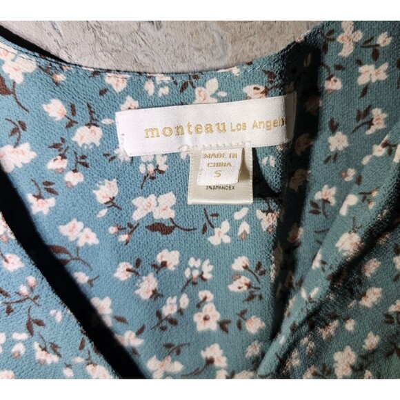 Monteau Los Angeles Womens Green Floral Flutter Short Sleeve Wrap Tunic Shirt SM - Picture 6 of 7